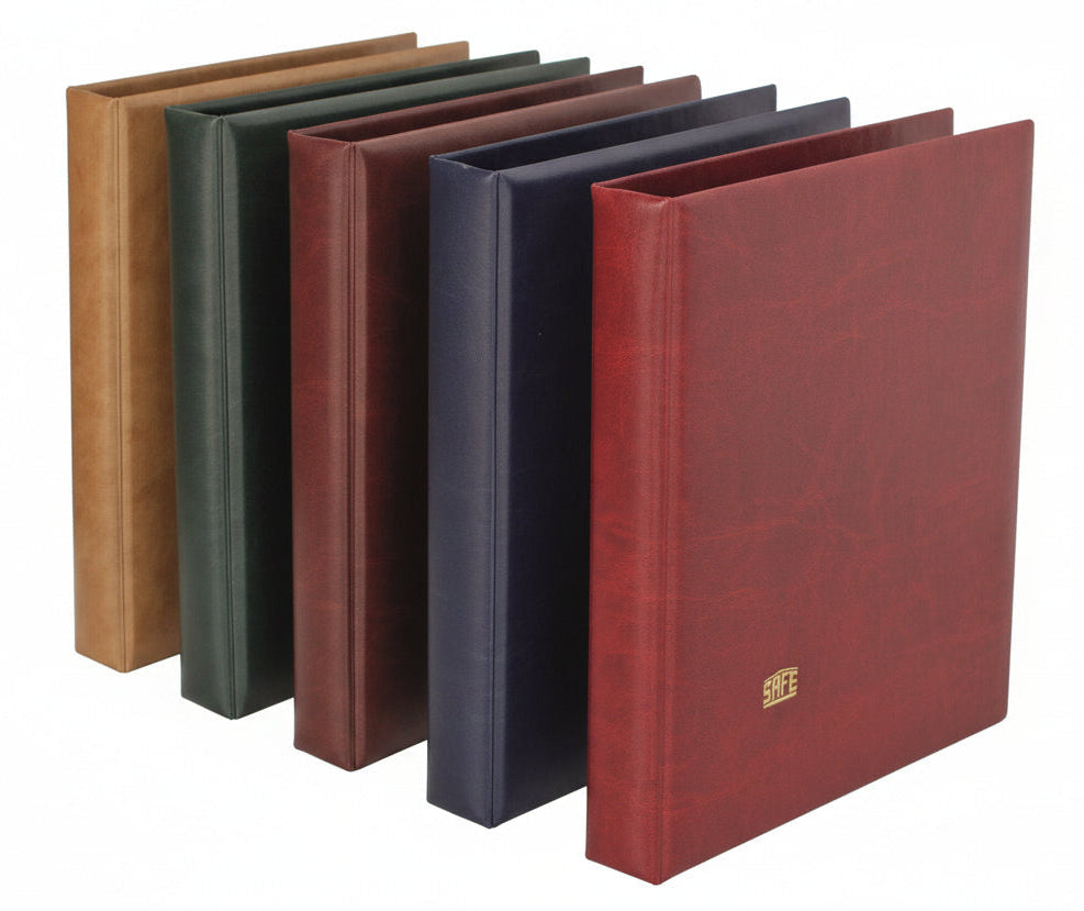 Set of five collector albums in the colors  red, blue, brown and green with the SAFE gold logo on the cover on a white background