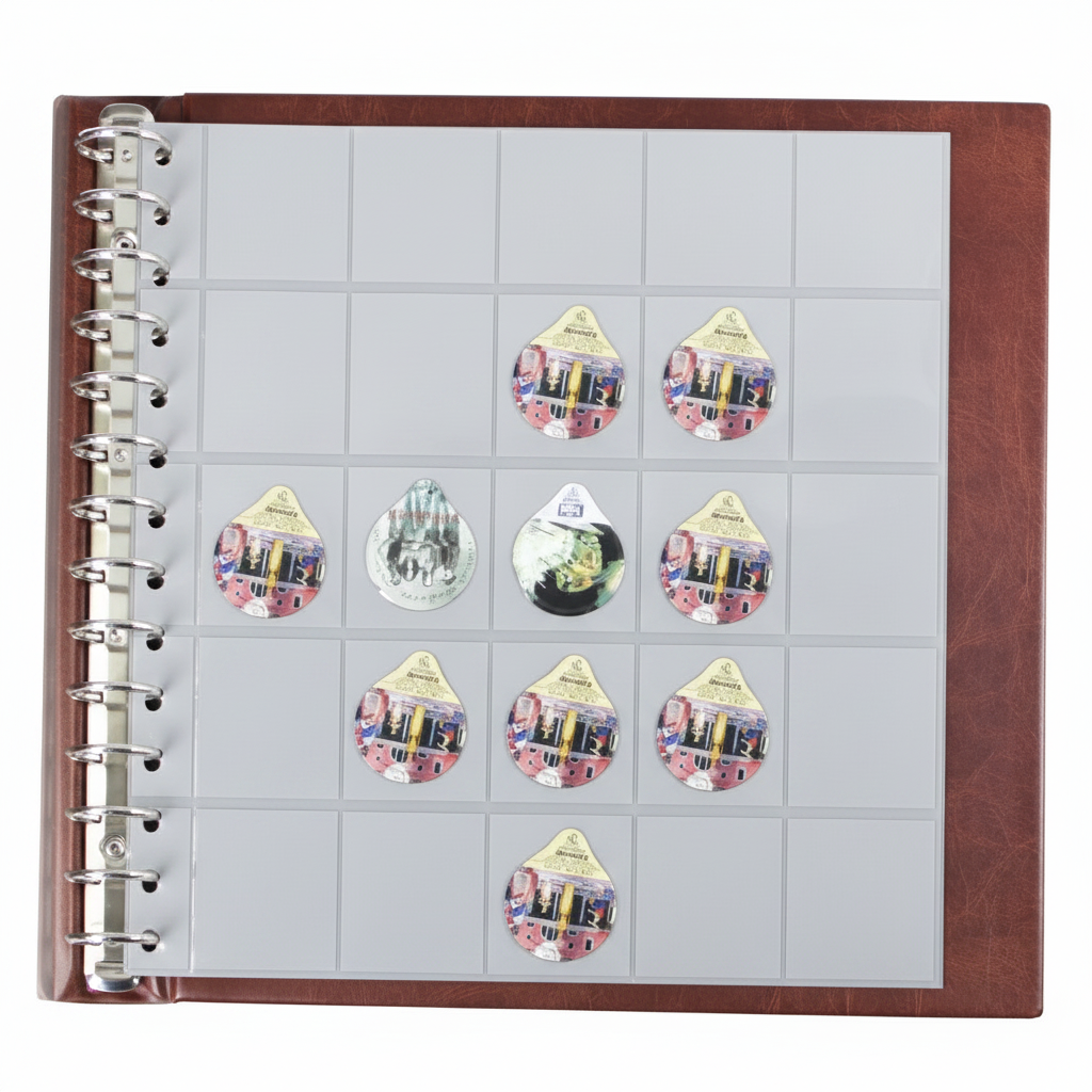 Collection of collectible creamer lids inside the pockets of a grey page displayed in an open red album on a white background