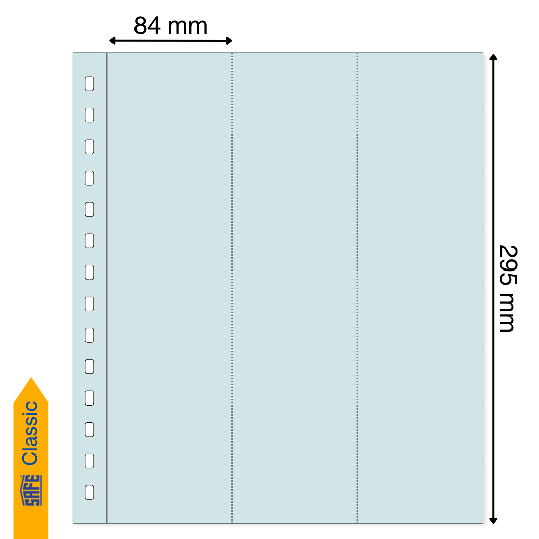 Light blue illustration representing a transparent album page with the pocket dimensions on a white background