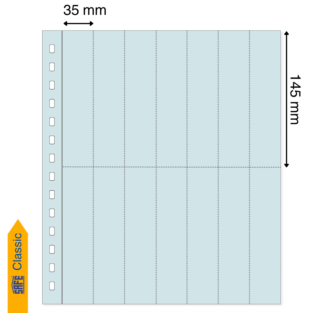 Light blue illustration representing a transparent album page with the pocket dimensions on a white background