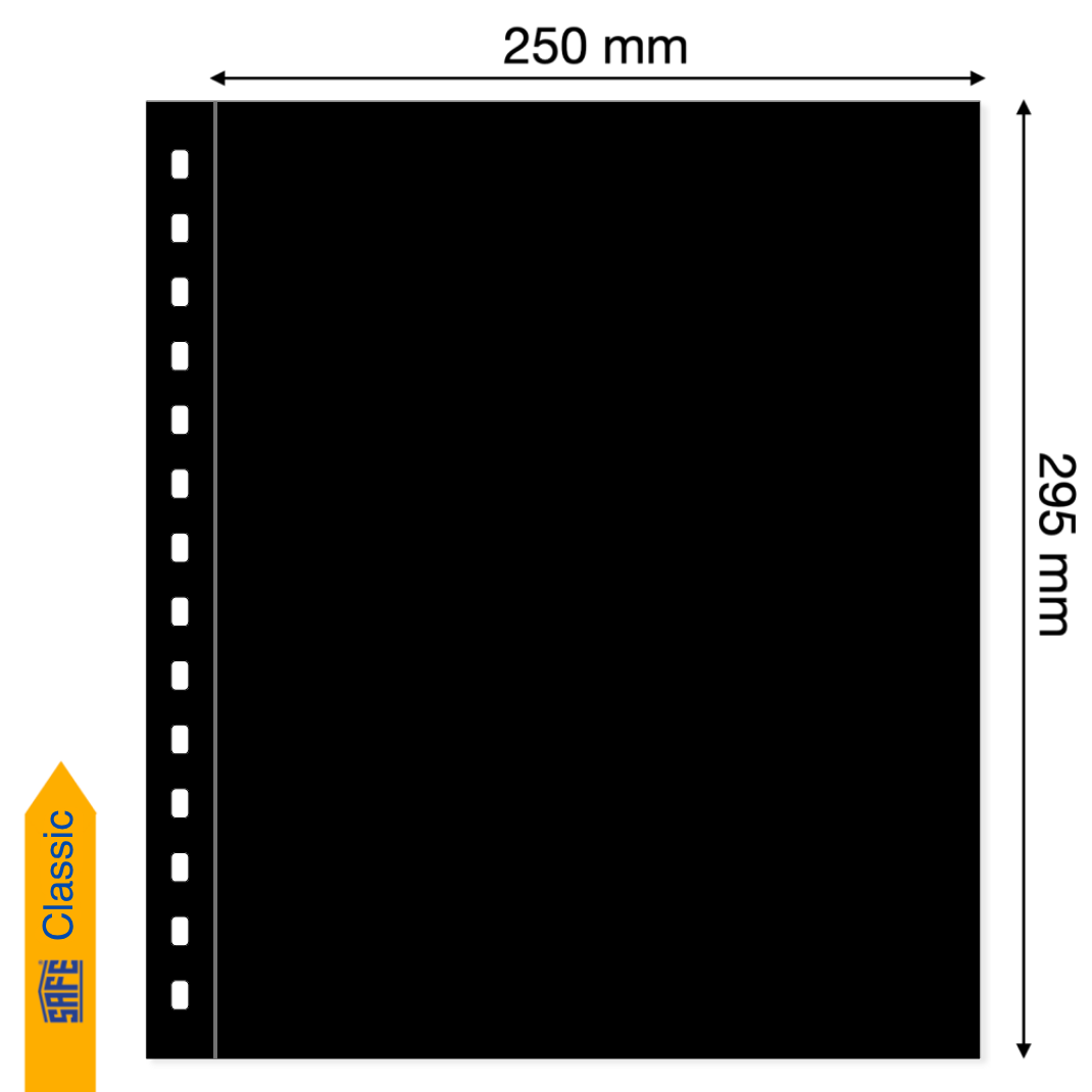 Illustration representing a black album page with the pocket dimensions on a white background