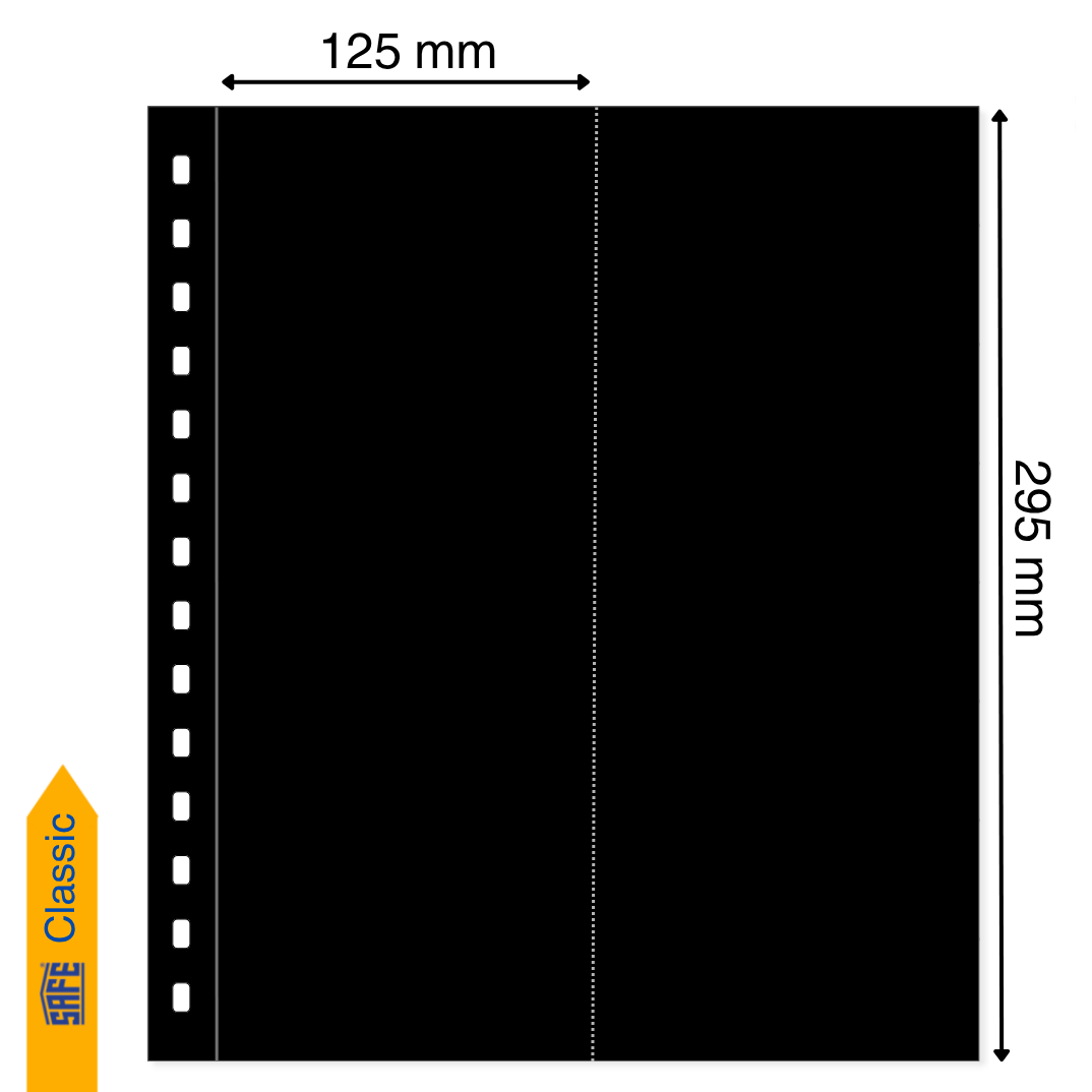 Illustration representing a black album page with the pocket dimensions on a white background