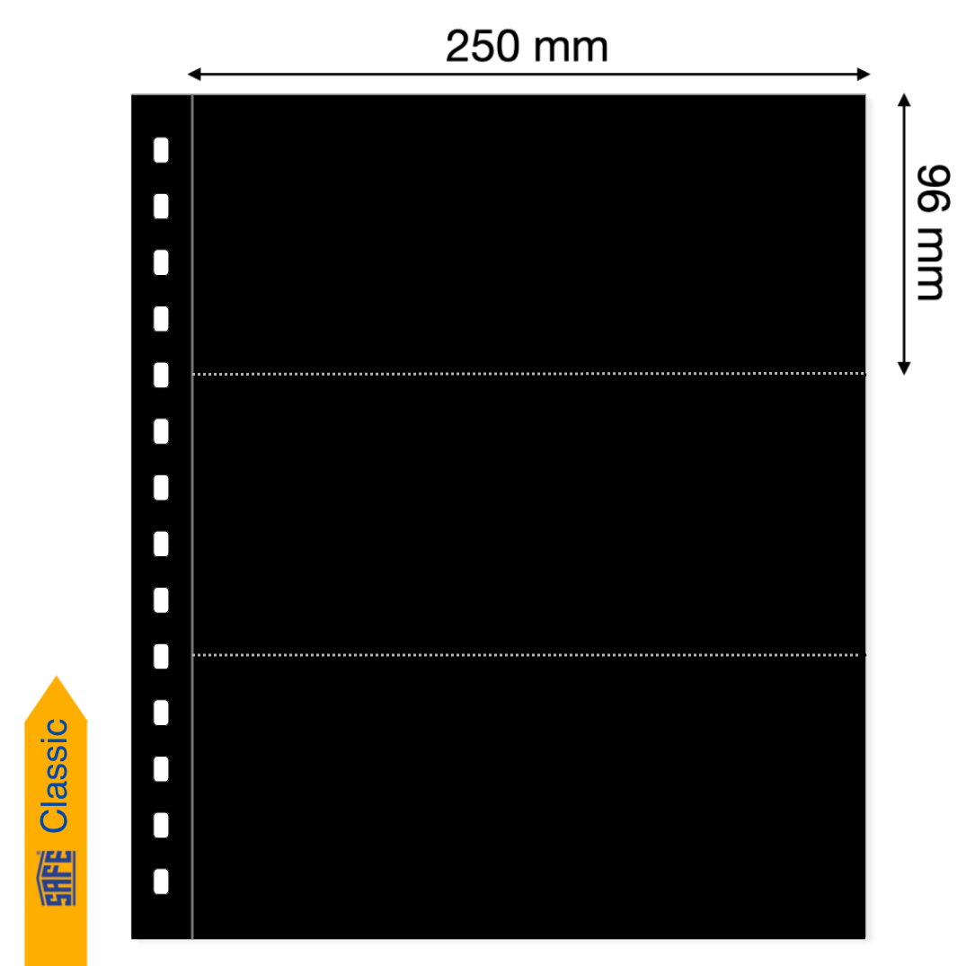 Illustration representing a black album page with the pocket dimensions on a white background