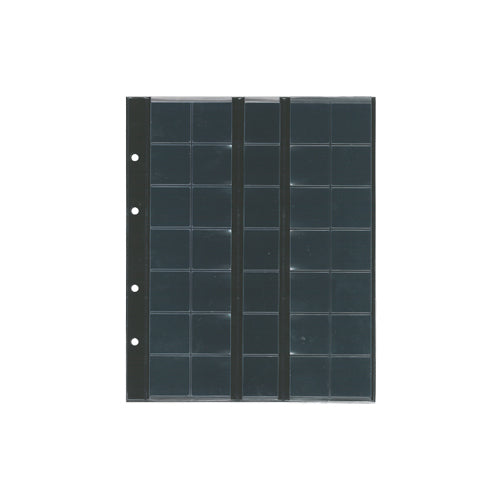 Transparent album page with multiple clear pockets & a black interleave behind it on a white background