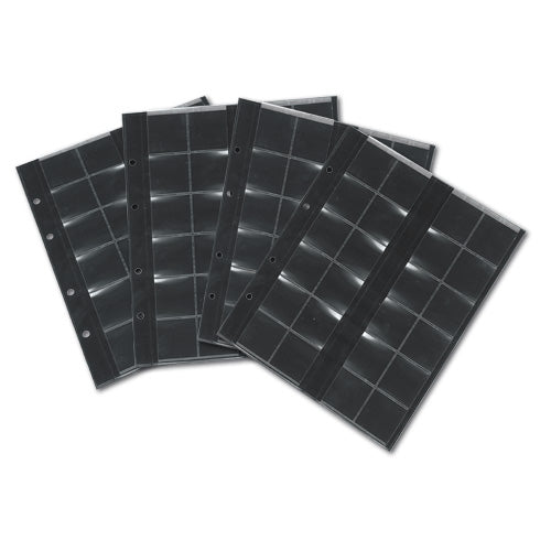 Transparent coin album pages with multiple clear pockets and black interleaves on a white background