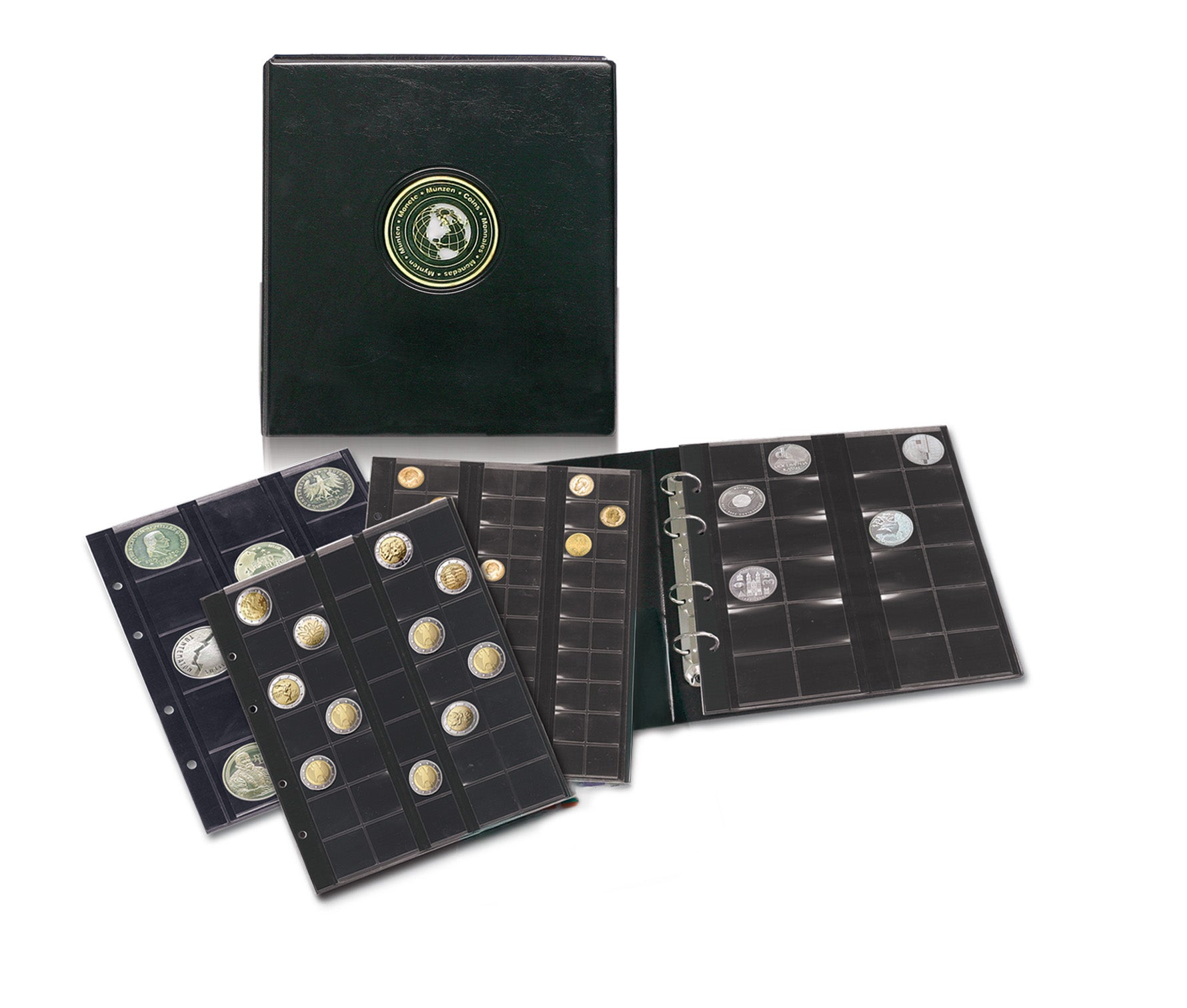 Black ARTline album with a cirlce emblem with the globe and the word "coins" in multiple languages, highlighting the coin pages on a white background