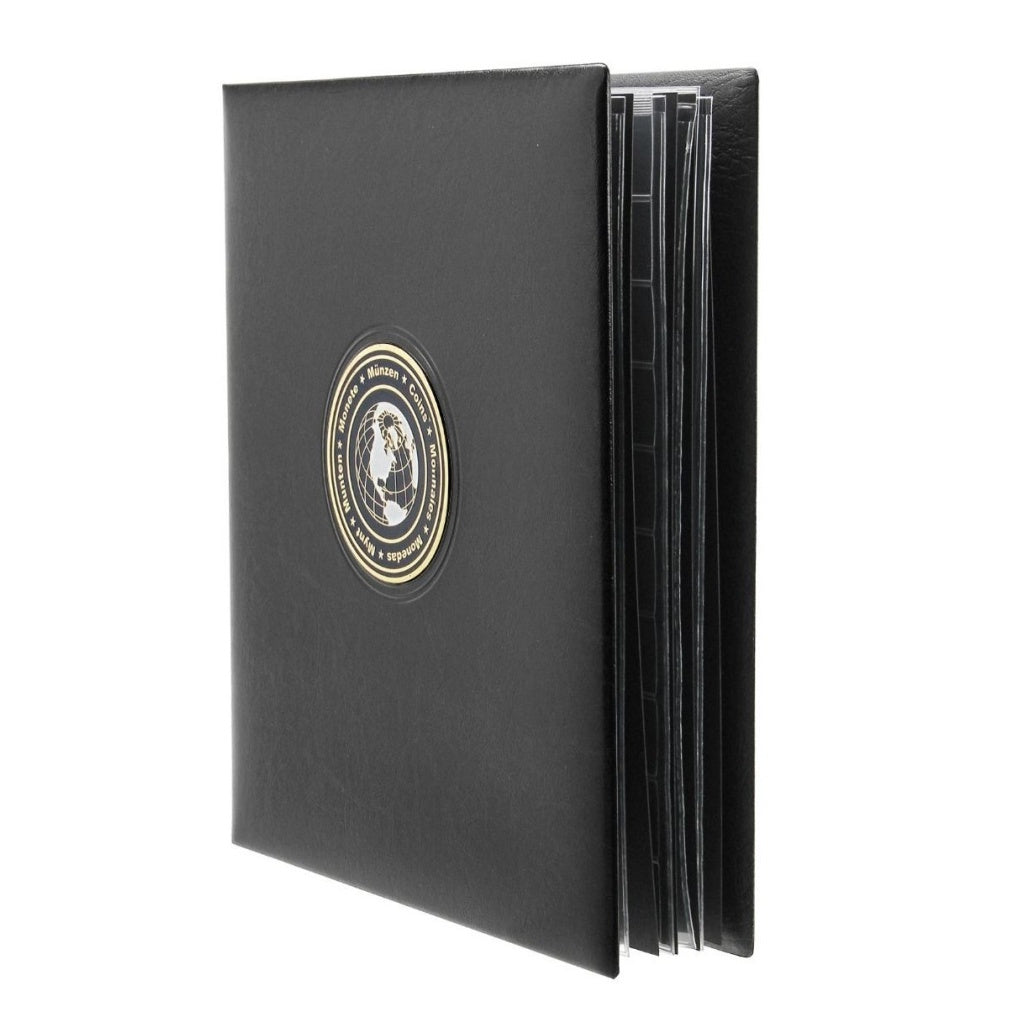 Black ARTline album with a circle emblem with the globe and the word "coins" in multiple languages on a white background