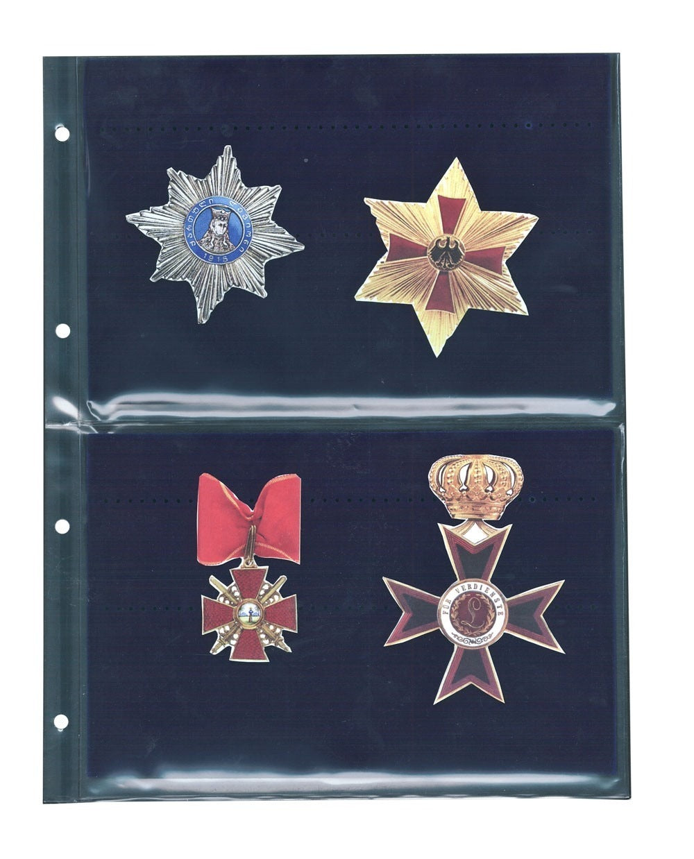 Album page with two transparent pockets & two velvet inserts with military medals on a white background.