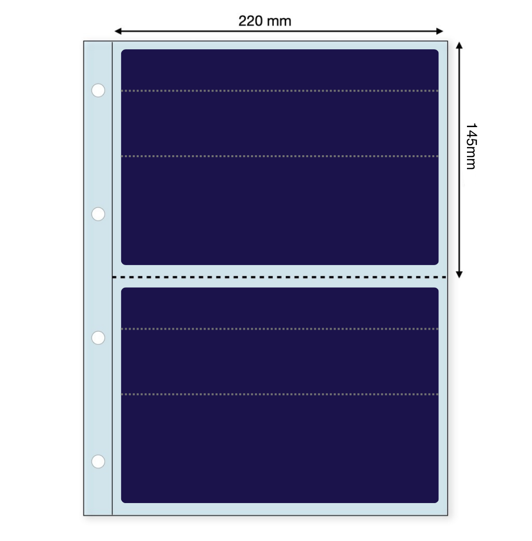 Illustration representing the transparent album page with two transparent pockets & two velvet inserts & pocket dimensions on a white background.