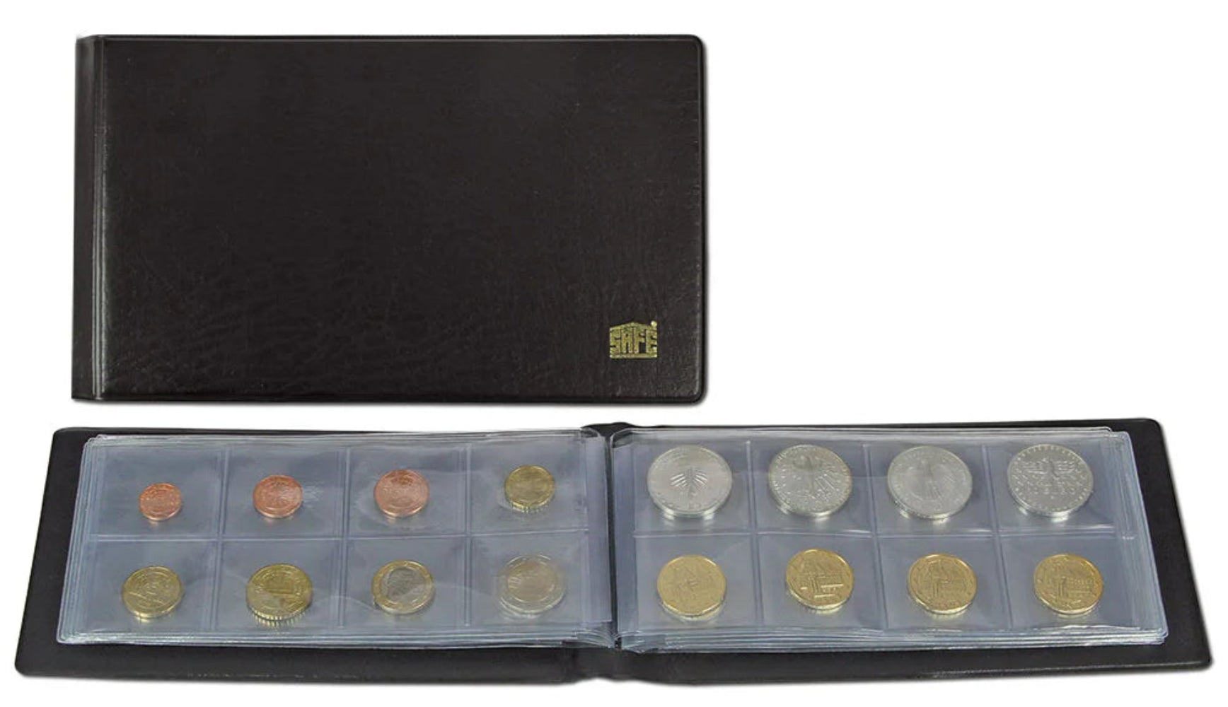 Small black coin collection album with open compartment displaying various coins on a white background
