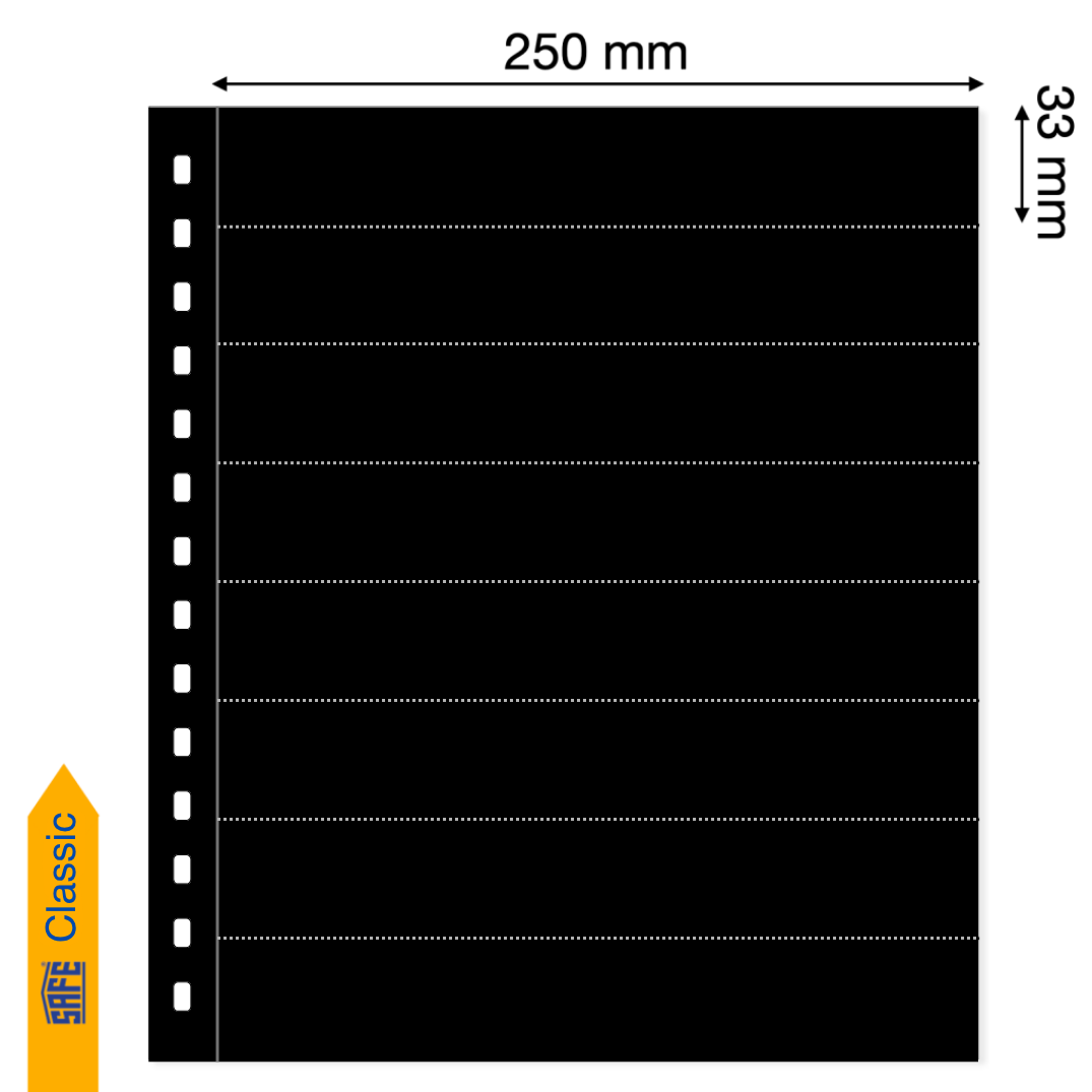 Illustration representing a black album page with the pocket dimensions on a white background