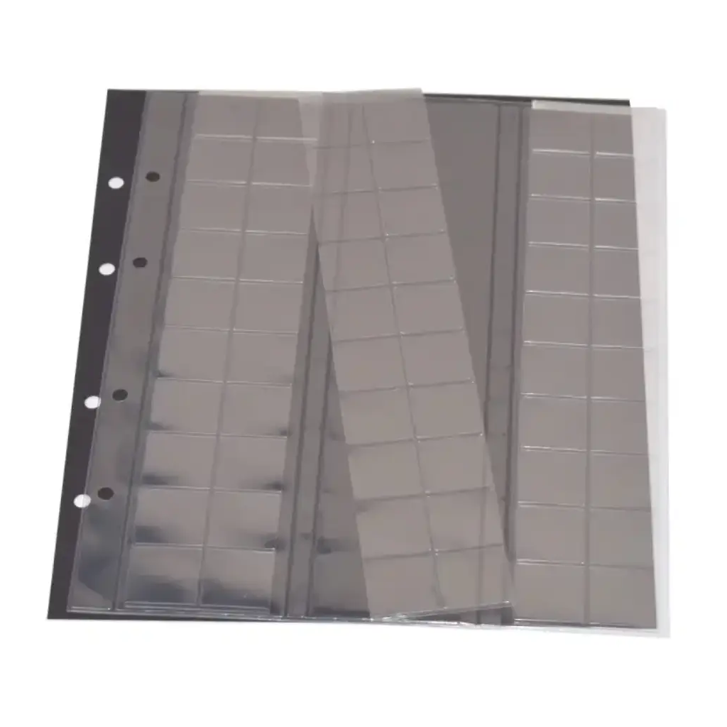 Clear polyester page with 3 clear slides (each slide has 20 individual pockets) with a black interleaf on a white background