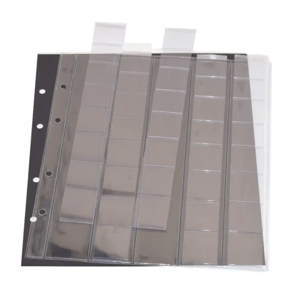 Clear polyester page with 5 clear slides (each slide has 8 individual pockets) with a black interleaf on a white background