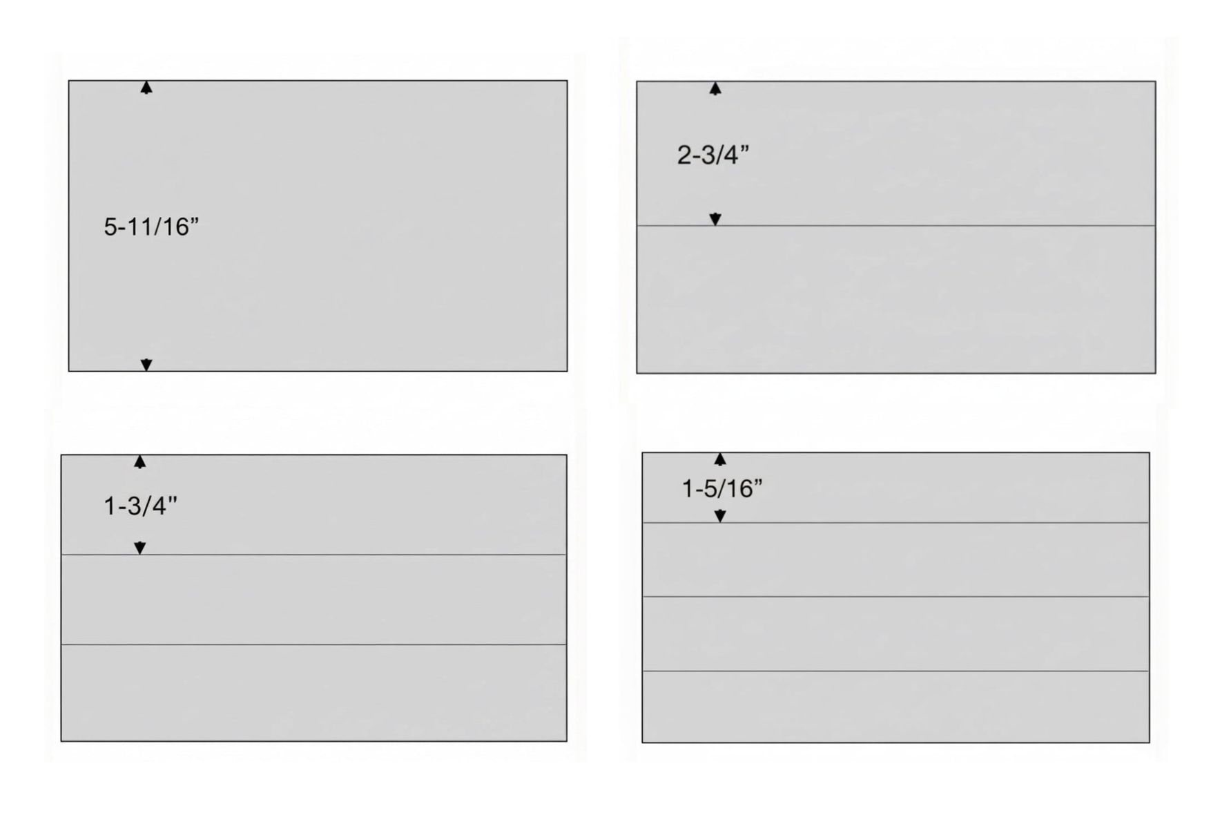 A set of 4 grey illustrations with measurements representing stamp approval cards on a white background
