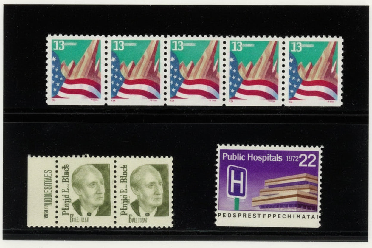 Collection of vintage postage stamps on a SAFE's industry standard stamp approval cards with a black background.