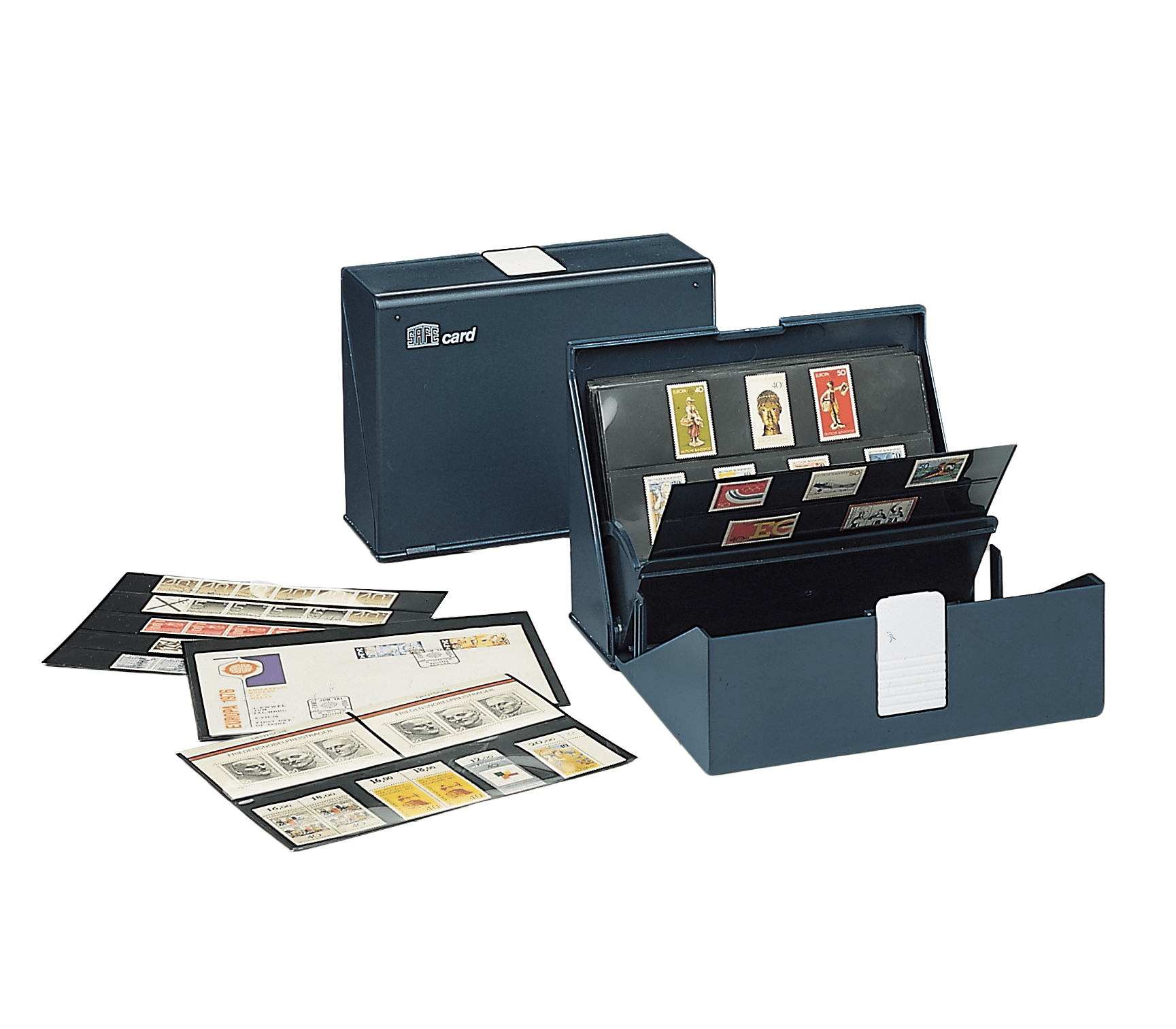 Collection of stamp approval cards in an open blue SAFE display case (accordion style) with a closed SAFE blue display case behind it on a white background