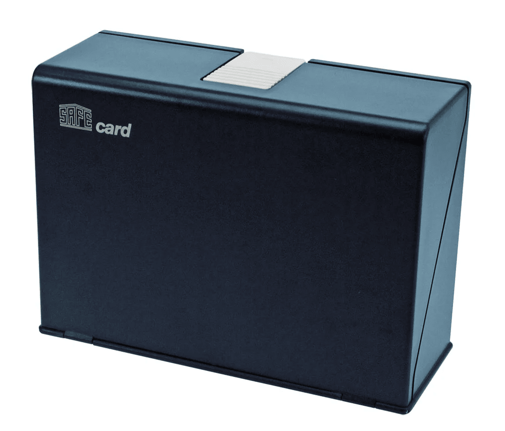 Blue SAFE approval card display case with 'SAFE Card' logo/branding on a white background