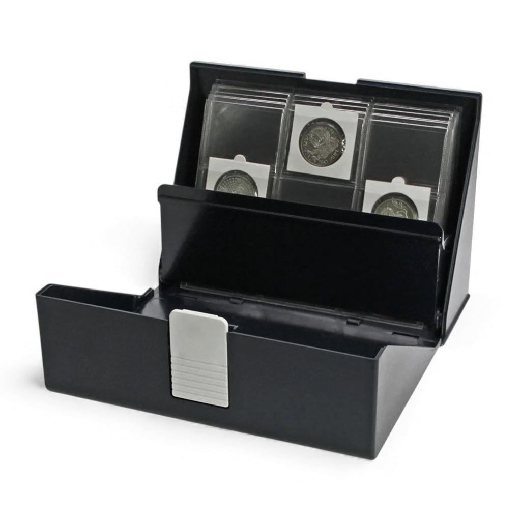 Black clamshell storage case holding 2x2 stockcards on a white background