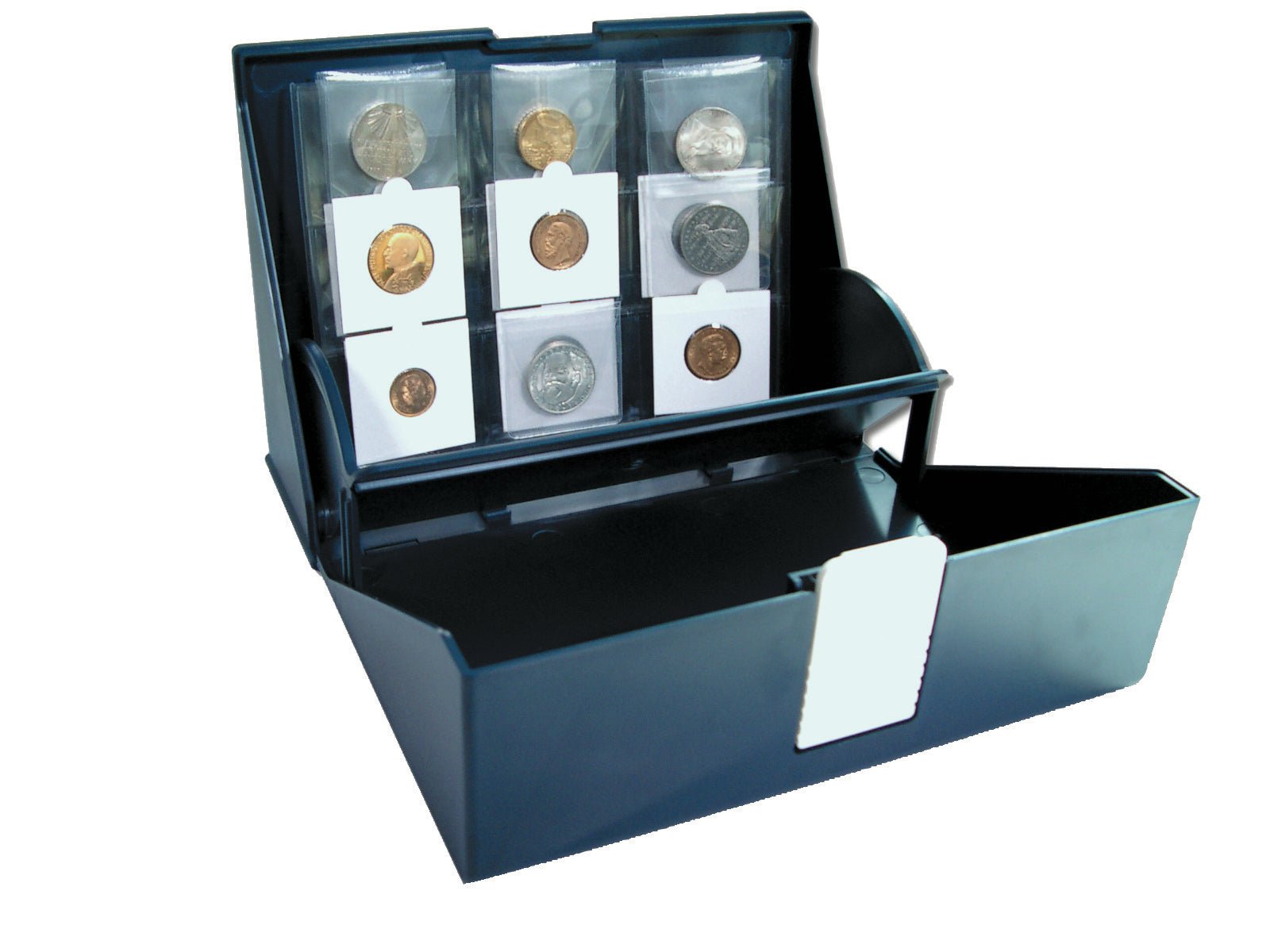 Open blue accordion case, displaying coins inside 2x2 flips.