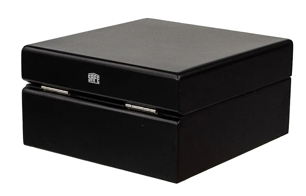 The back of a black coin collection case with a SAFE logo and silver hinges on a white background