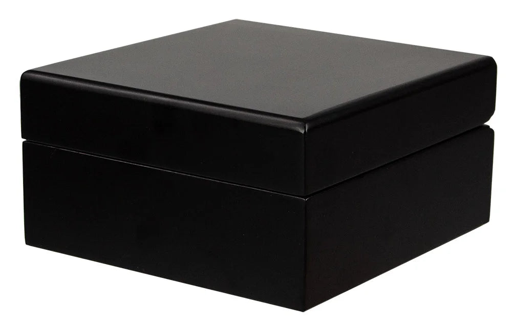 Closed black coin collection box on a white background