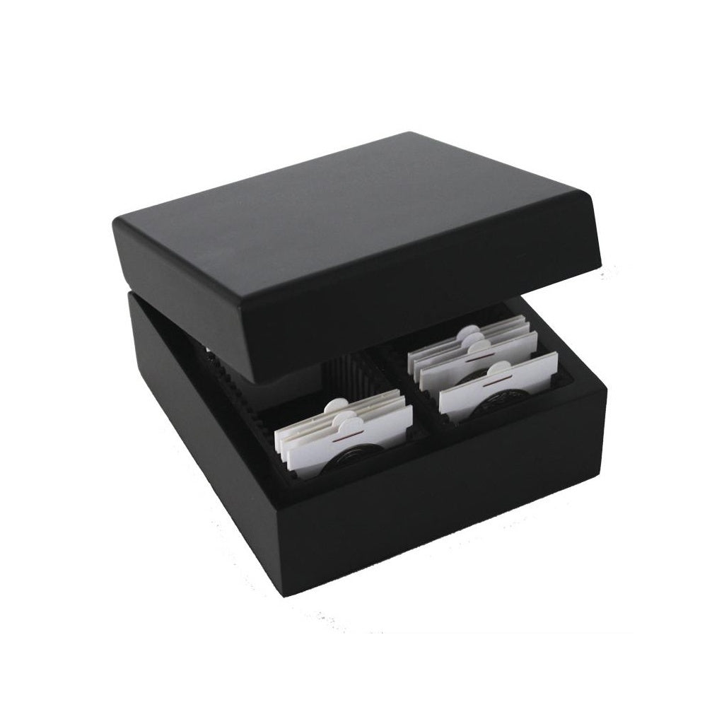 Black coin collection case with the lid open ajar showing a 2x2 coin flip collection on a white background