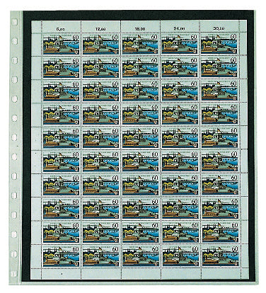 Sheet of postage stamps inside a transparent album page with a black insert on a white background