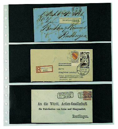 Three covers / envelopes inside a transparent album page with black inserts on a white background