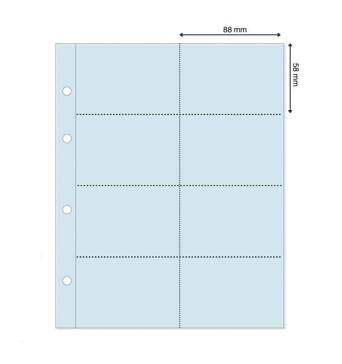 Transparent refill page for the functional card collection album shown with 8 pockets and the pocket dimensions on a white background.