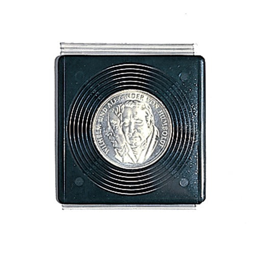 Silver coin in a black fit-to-size holder on a white background