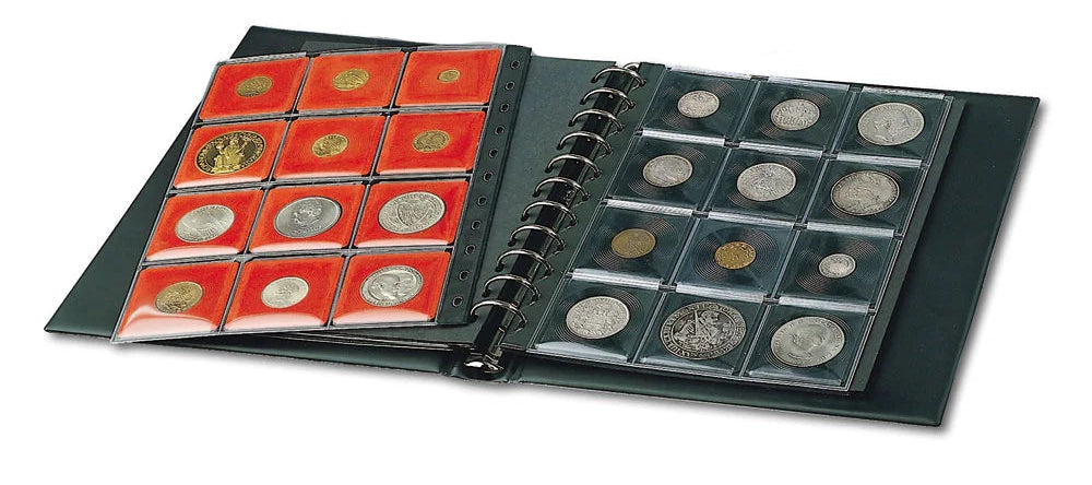 Coin collection inside fit-to-size coin pages with individual holders being displayed in an open black album holding various coins on a white background.