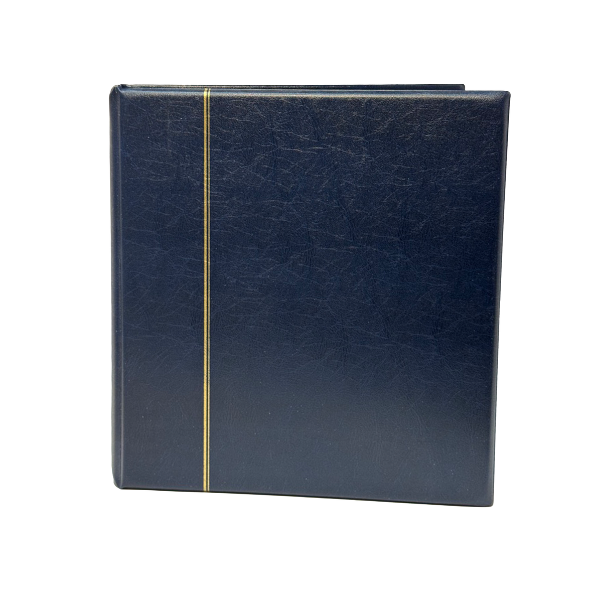 A dark blue padded album (for collections) with a single vertical gold stripe down the center, shown on a plain white background.
