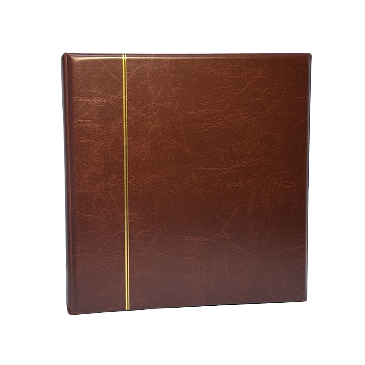 A brown padded album (for collections) with a single vertical gold stripe down the center, shown on a plain white background.