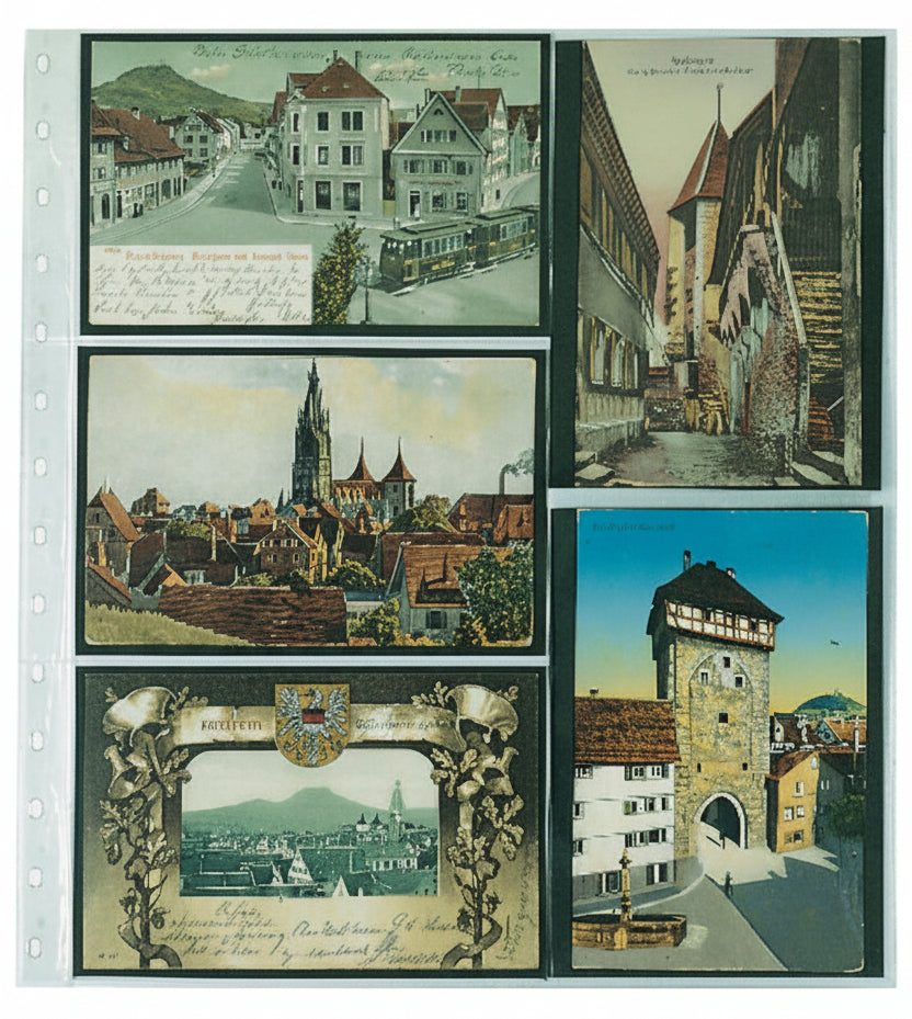 Collection of vintage-style postcards with scenic and architectural views inside a transparent album page with black inserts on a white background