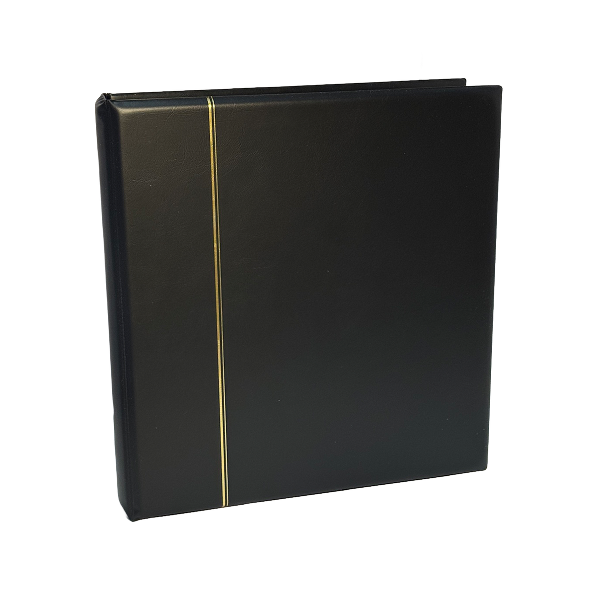 A black padded album (for collections) with a single vertical gold stripe down the center, shown on a plain white background.
