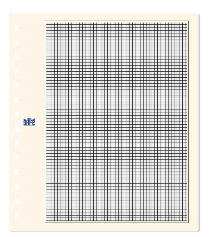 Illustration representing a cream album page with black border & grid with a SAFE logo on a white background