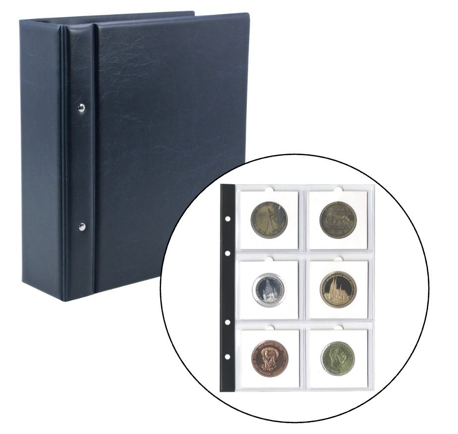 Closed blue collectible album with an inset image of a transparent page holding large coin flips on a white background.