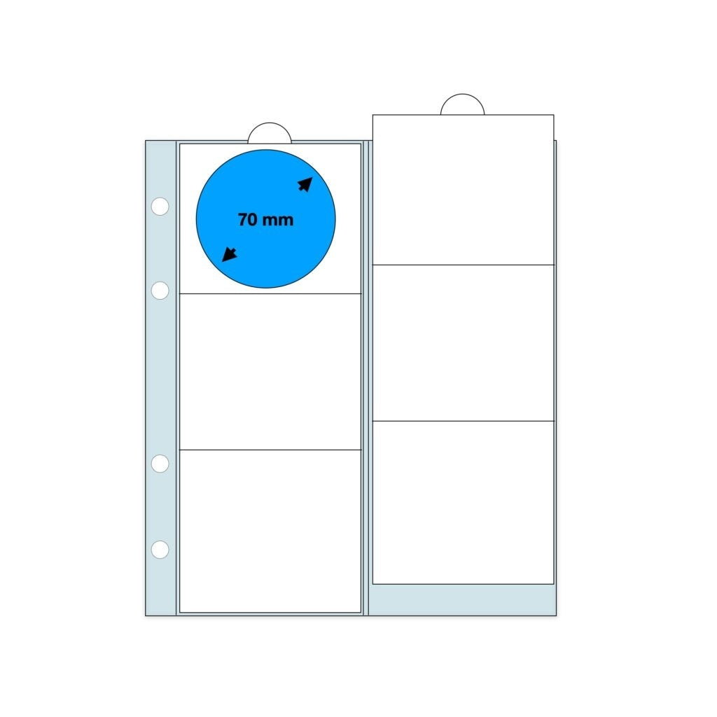 Illustration representing a clear polyester page with clear slides (each slide has individual pockets with the max coin diameter listed) on a white background