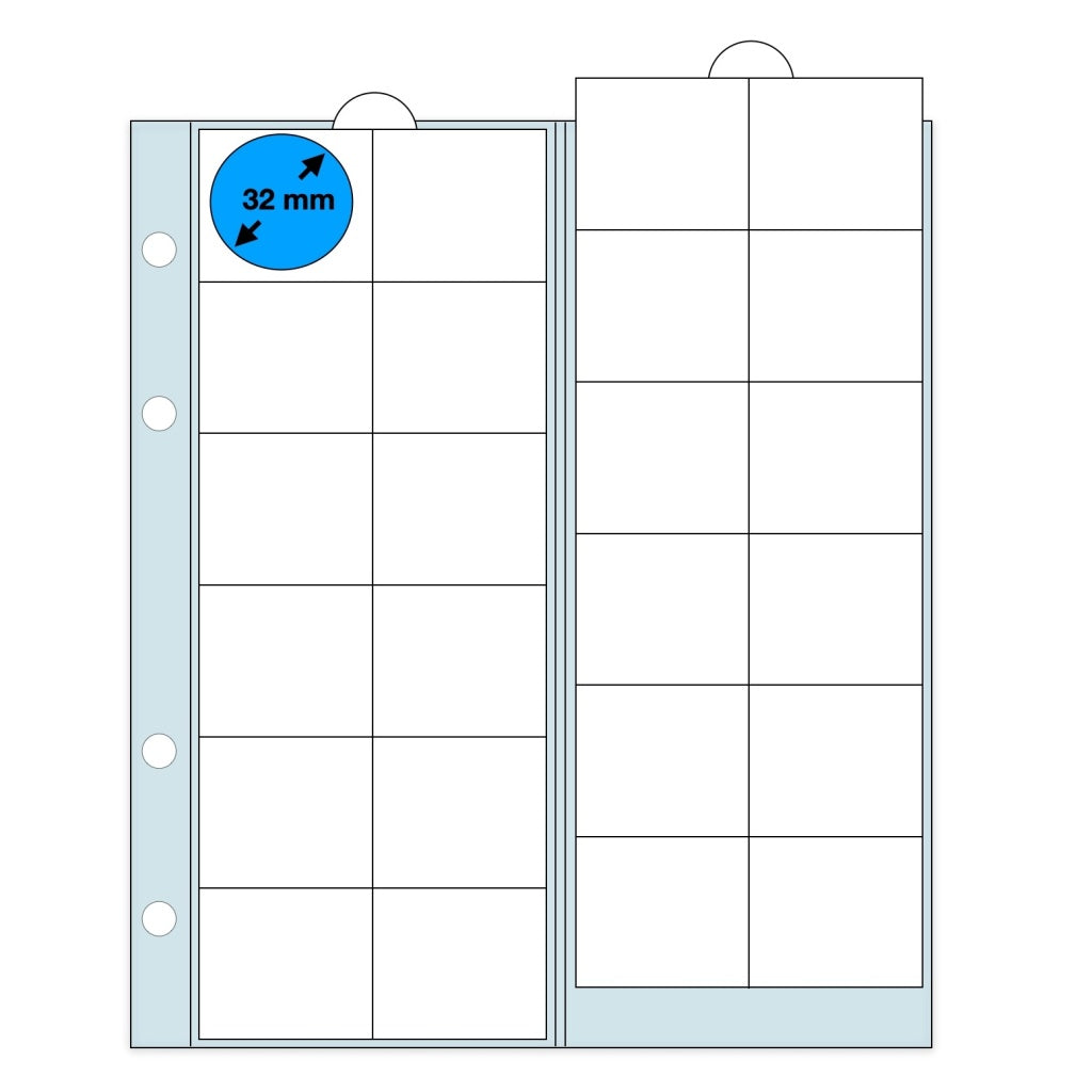 Illustration representing a clear polyester page with clear slides (each slide has individual pockets with the max coin diameter listed) on a white background