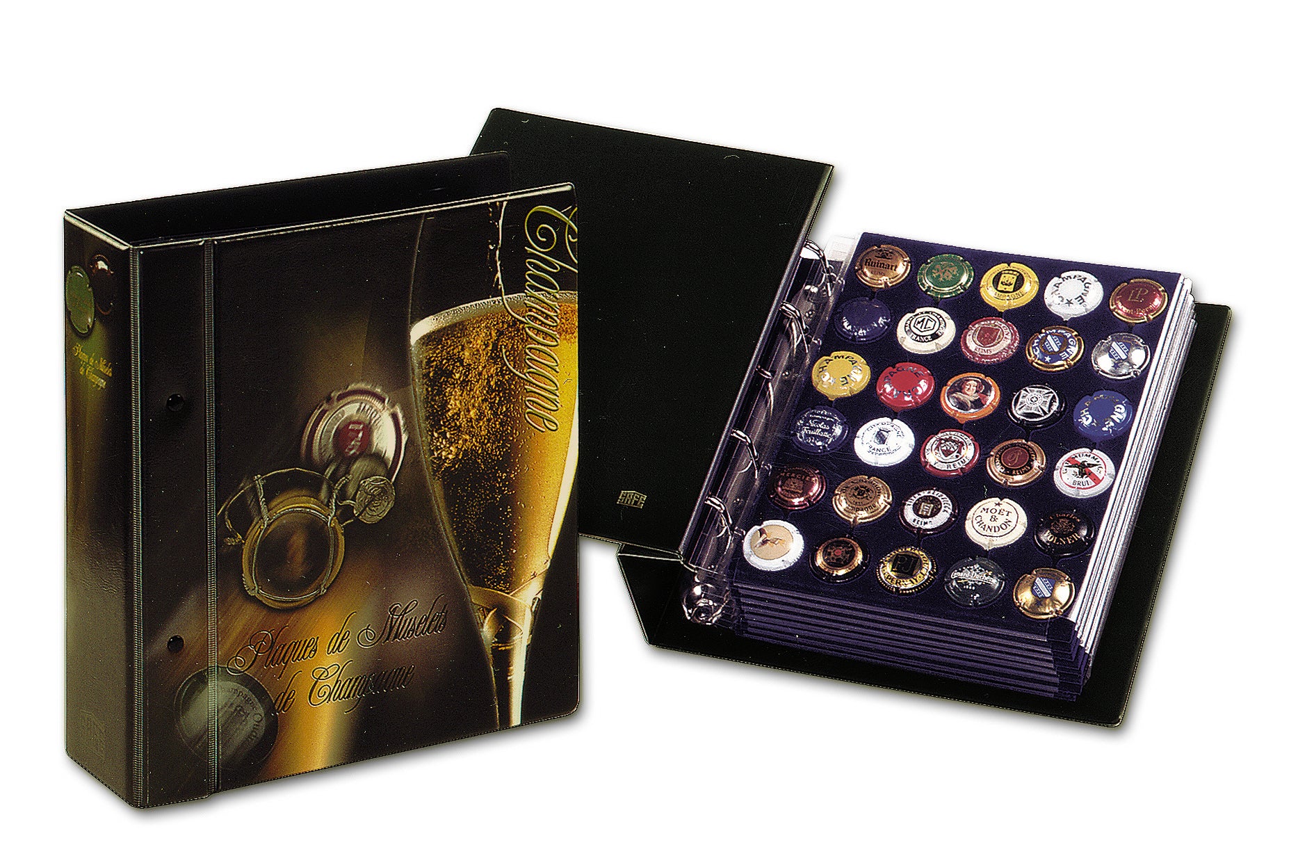 Collection of champagne bottle caps in an album that has a decorative cover with a champagne glass & caps on the cover.