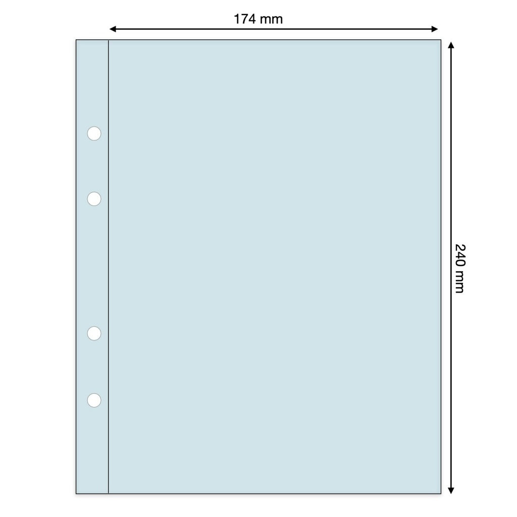 Light blue illustration representing a transparent album page with pocket dimensions on a white background