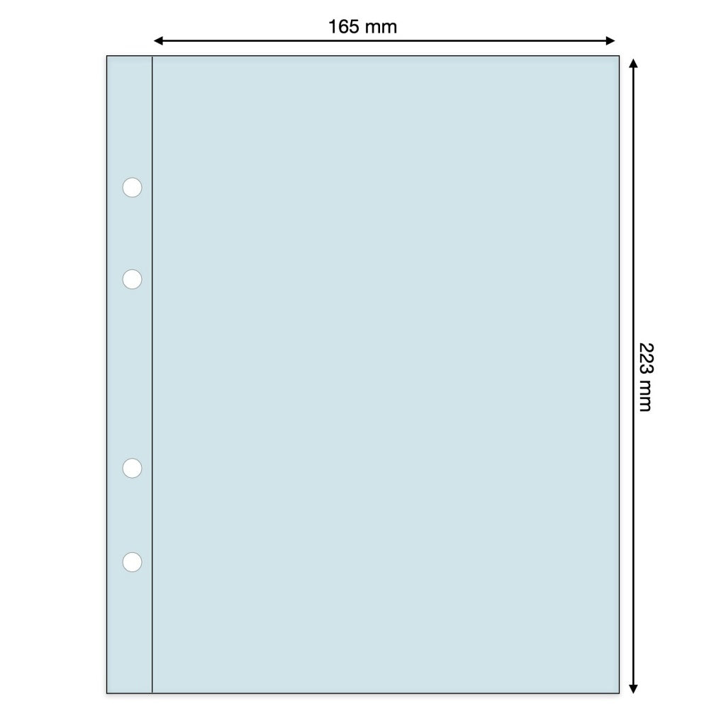 Light blue illustration representing a transparent album page with pocket dimensions on a white background