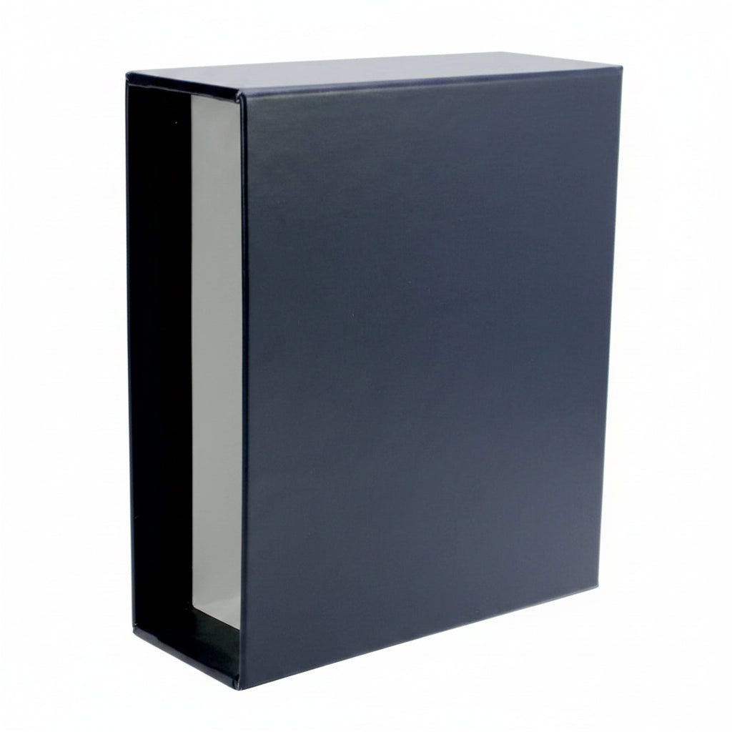 Empty blue album slipcase on a white background