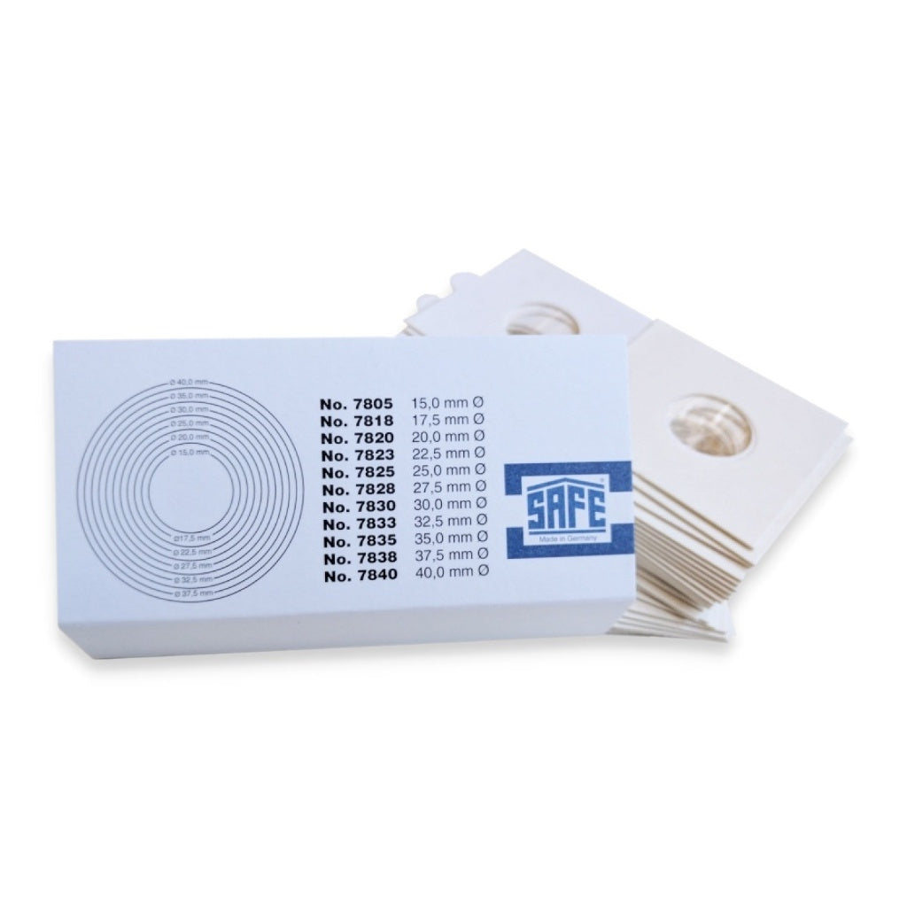 stack of SAFE self adhesive coin flips with a card listing the sizes offered on a white background