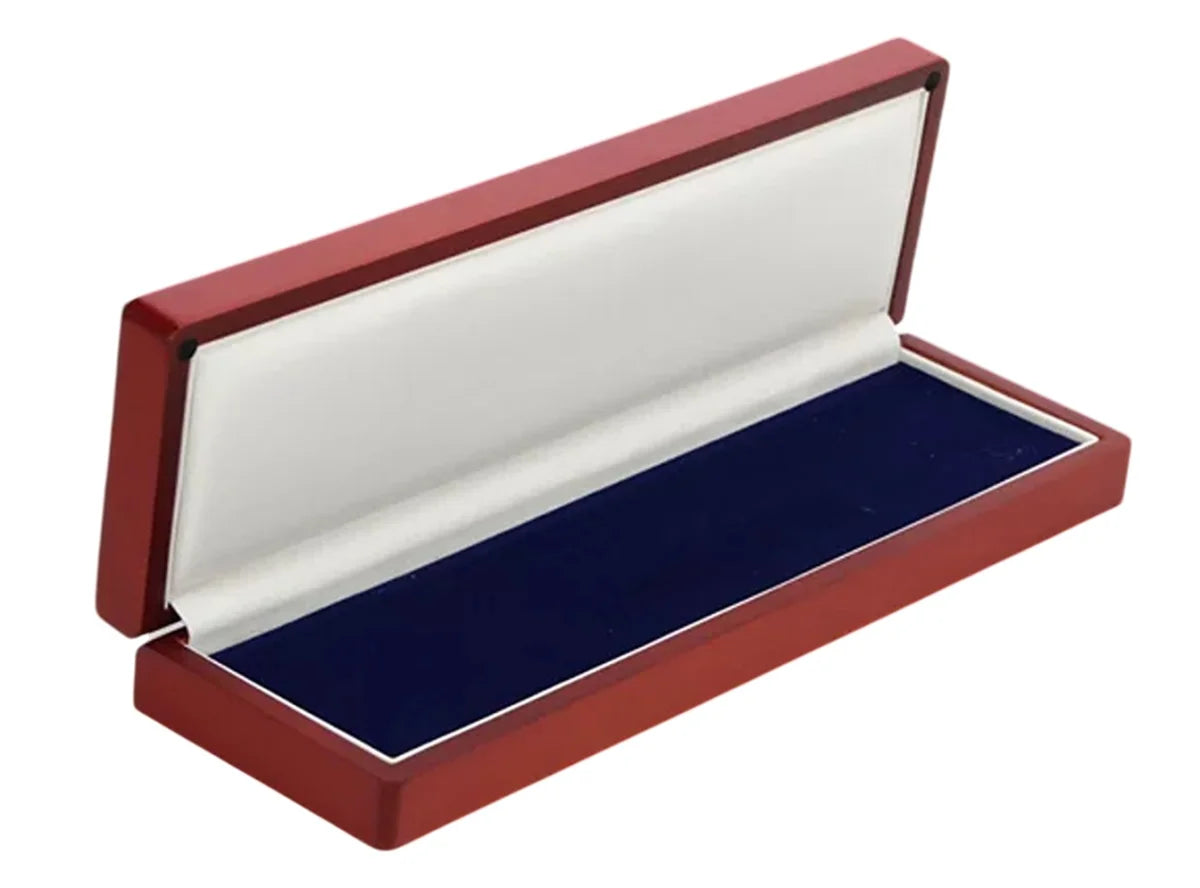 Wooden box with a blue velvet impressionable foam insert with cream lining on a white background