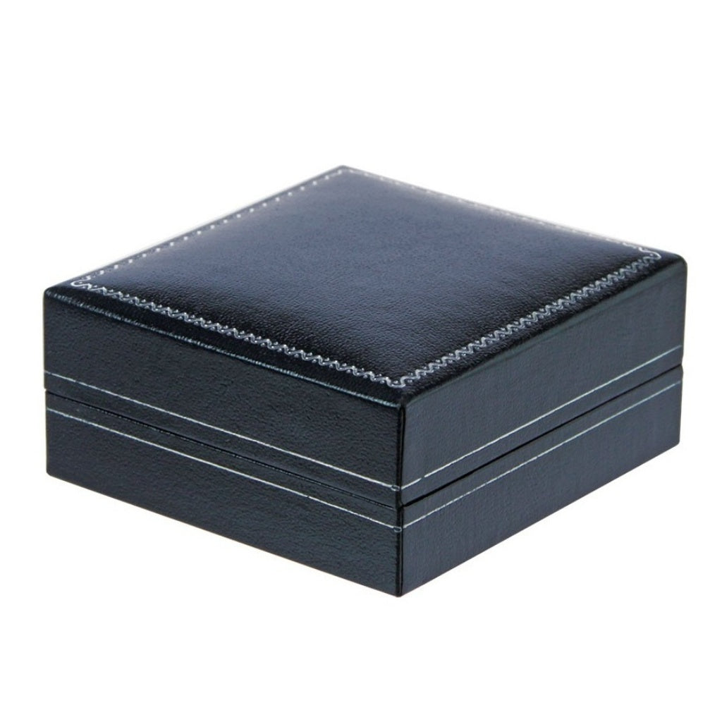 Closed blue coin box with silver accents on a white background