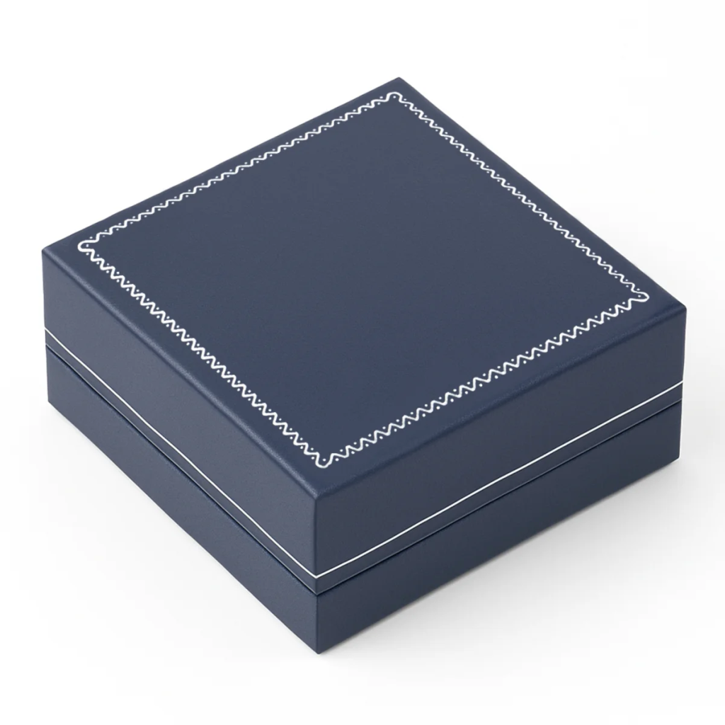 Closed blue coin box with silver accents on a white background