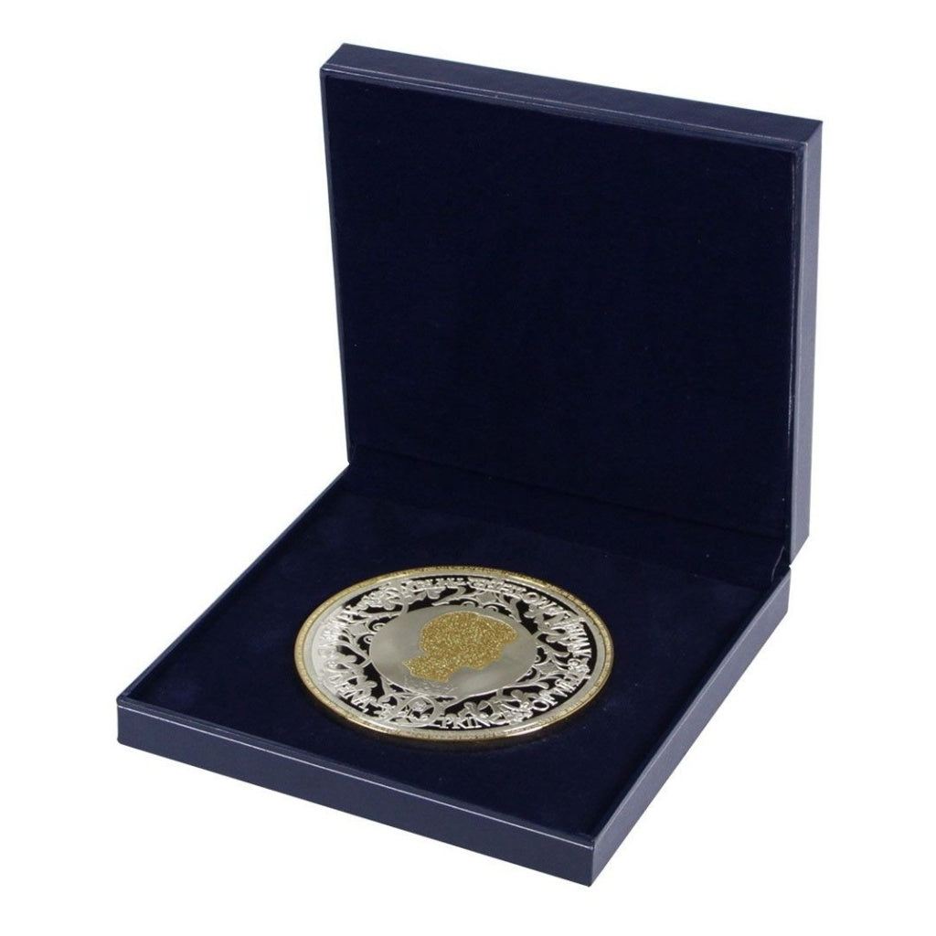 Large silver medallion coin in a navy blue box laying on the blue velvet impressionable foam with a blue lining and the lid open on a white background