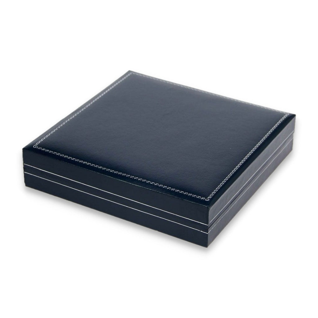 Closed blue coin box with silver accents on a white background