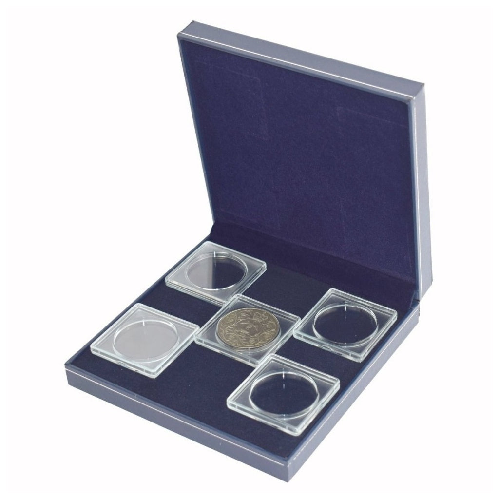5 2x2 coin holders in a navy blue box laying on the blue velvet impressionable foam with a blue lining and the lid open on a white background